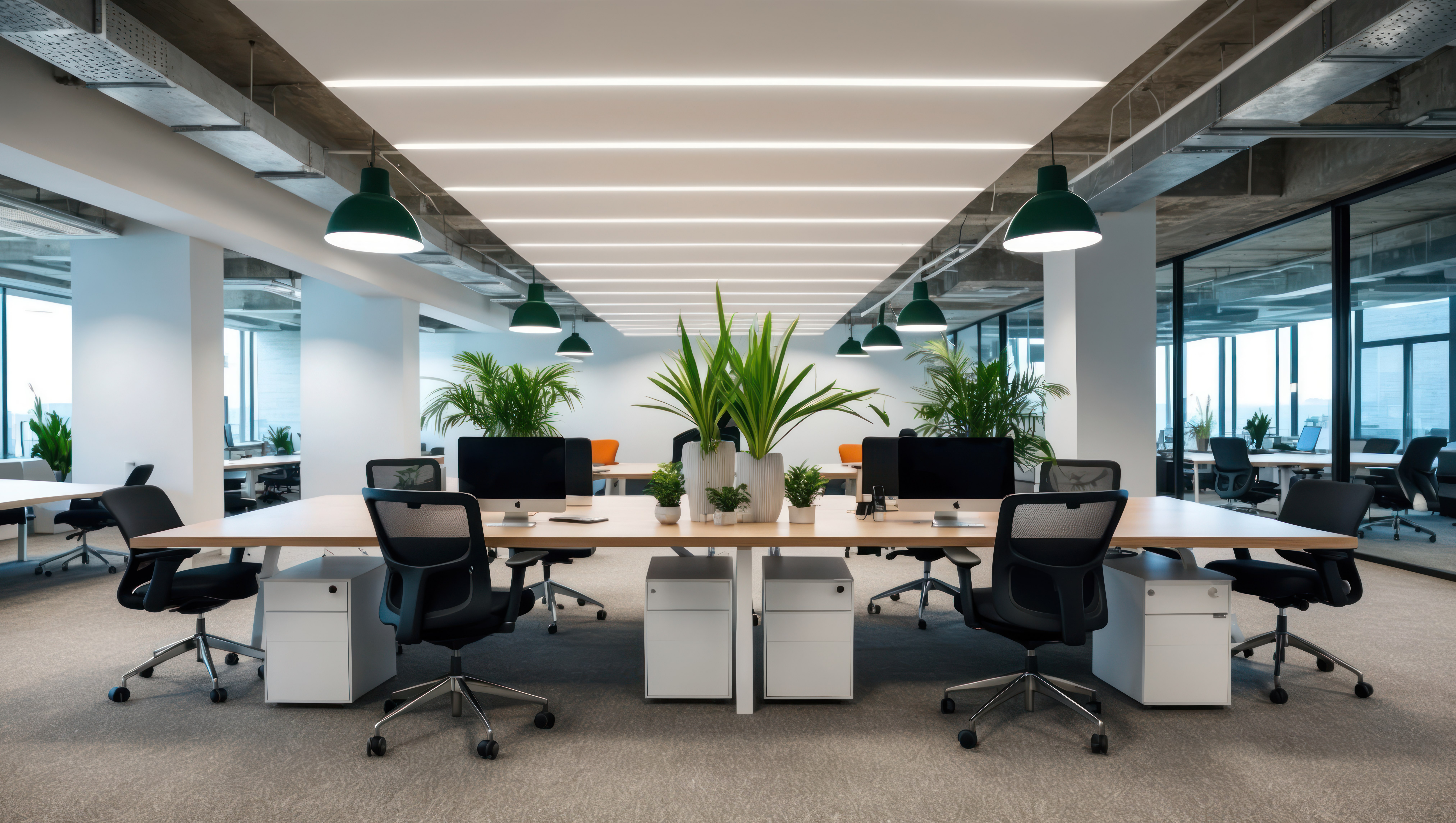 modern office interior with plants, promoting productivity and collaboration